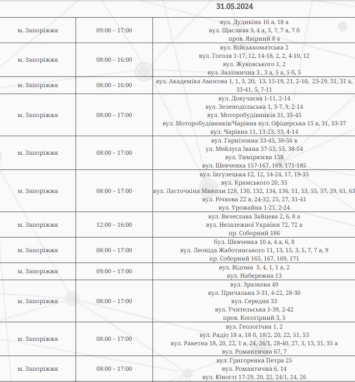 Відключення світла - де у Запоріжжі та навколишніх селах не буде електроенергії 31 травня