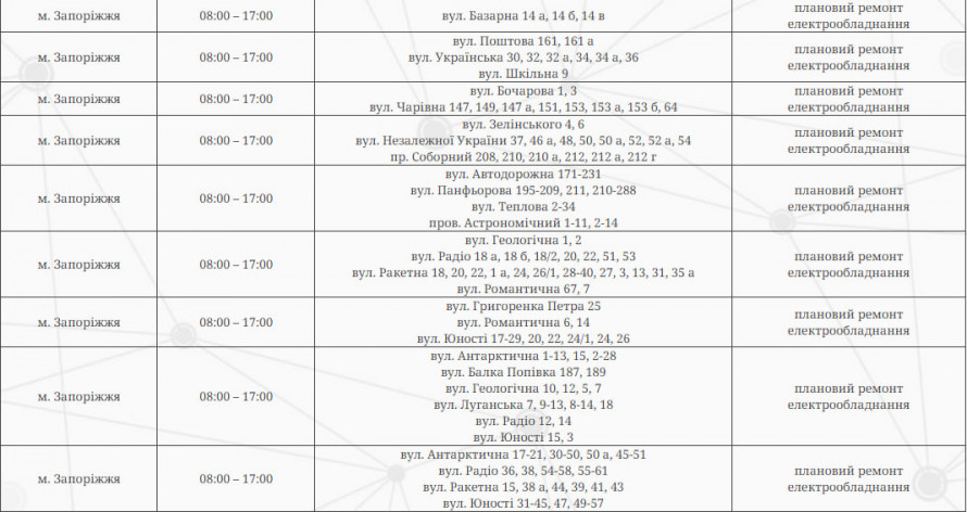 Четвер без світла - де 6 червня у Запоріжжі та районі вимкнуть електроенергію