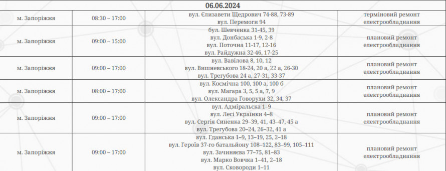 Четвер без світла - де 6 червня у Запоріжжі та районі вимкнуть електроенергію