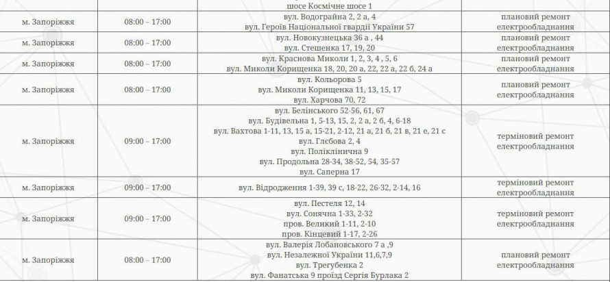 Де у Запоріжжі та районі не буде світла 24 червня - відключення електрики