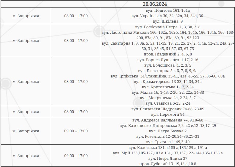По дві черги одночасно - у Запоріжжі запровадили графіки погодинних відключень на 20 червня