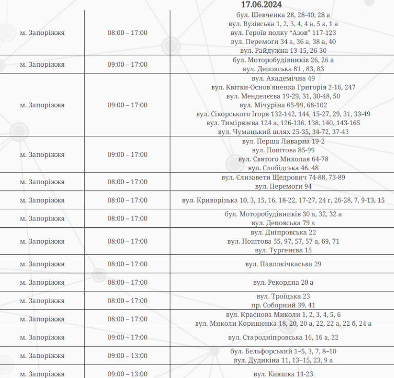 У Запоріжжі запровадили графіки погодинних відключень на 17 червня - адреси