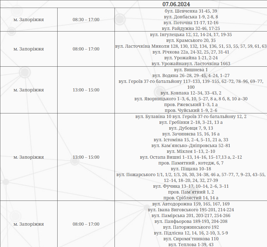 У Запоріжжі запровадили графіки погодинних відключень світла на 7 червня - адреси та час