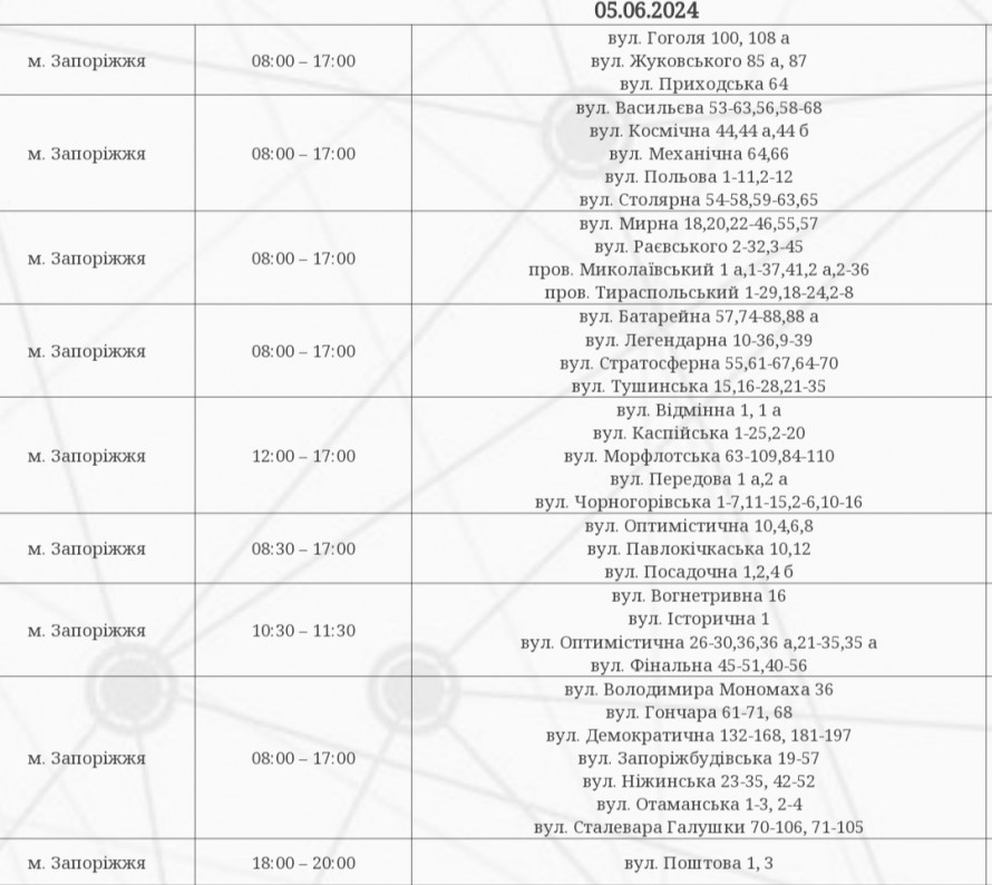 Відключення світла на Запоріжжі – де не буде електроенергії 5 червня