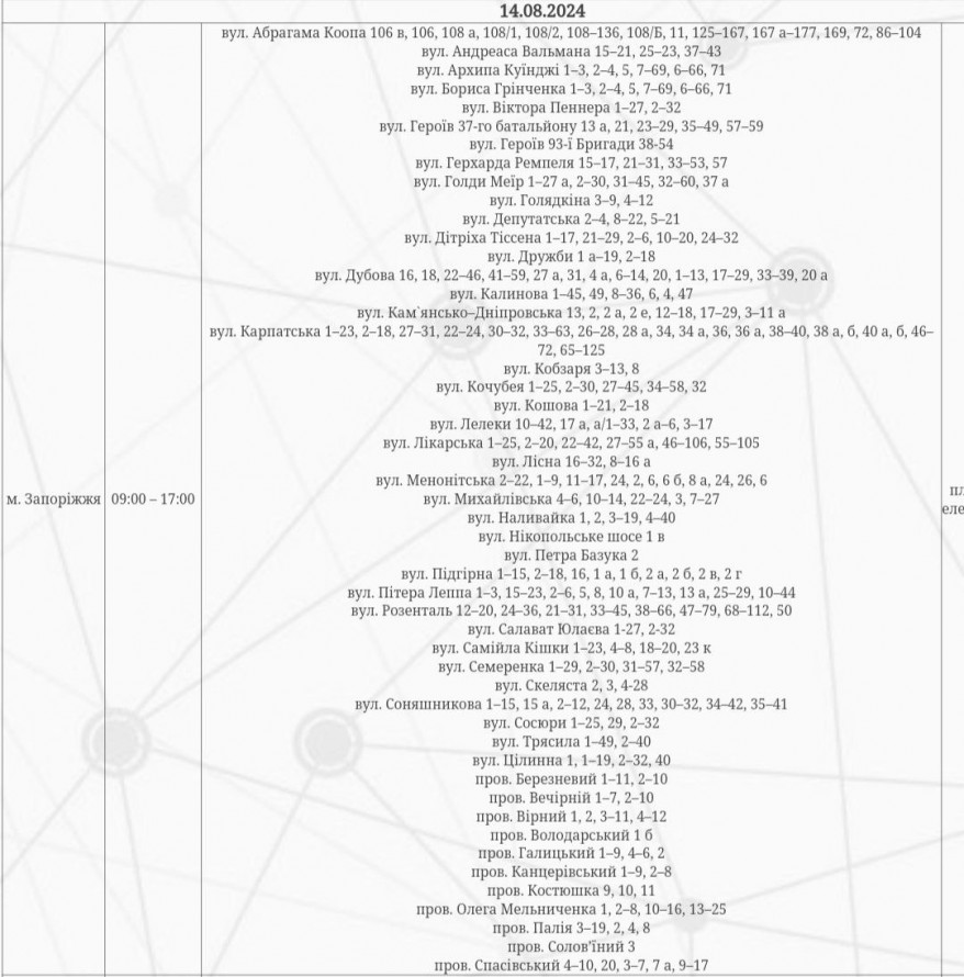 Середа без світла – за якими адресами у запоріжців вимкнуть електроенергію 14 серпня